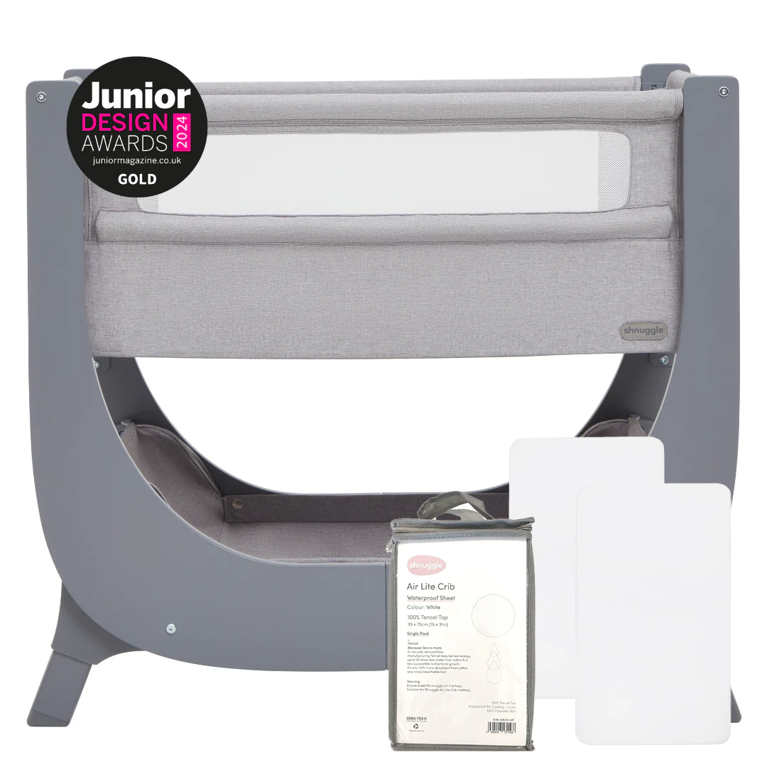 Shnuggle Air Lite Bedside Crib | Height Adjustable Baby Bed with Mattress + 1 Waterproof + 2 White Sheets